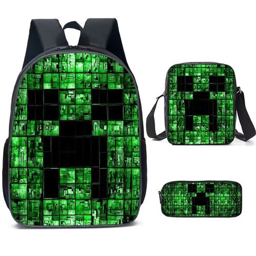 Lot de 3 pièces Sac à Dos, Trousse à crayons, Sac à Bandoulière Minecraft pour Garçon (SD1822) Vert