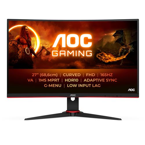 AOC Gaming C27G2E/BK - Écran LED - jeux - incurvé - 27" - 1920 x 1080 Full HD (1080p) @ 165 Hz - VA - 350 cd/m² - 3000:1 - 1 ms - 2xHDMI, VGA, DisplayPort - noir, rouge