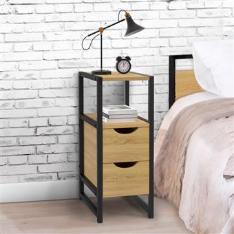 Lot 2 Tables De Chevet Utah - 1 Tiroir Tissu + 1 Niche - Effet Lattes Industriel - 30x30x50 Cm