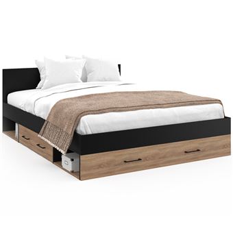 Lit double MINEA avec tiroirs + niches de rangement + tête de lit et sommier 140 x 190 cm façon hêtre et noir - 1