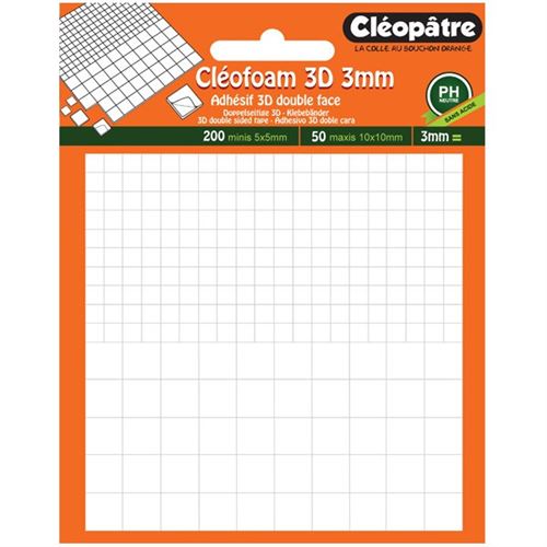 Carrés mousse adhésif 3D double face Cléofoam Cléopâtre 3mm d'épaisseur