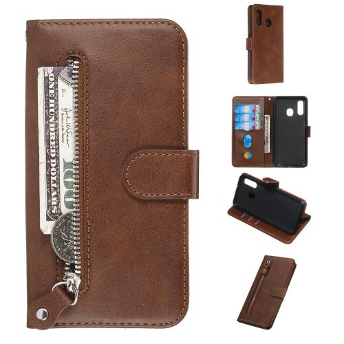 Etui en PU poche à fermeture éclair marron pour votre Samsung Galaxy A40