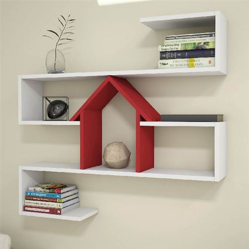 192 10 Sur Homemania Etagere Nest Murale Flottante Pour Livres Pour Salon Bureau Blanc Rouge En Bois 100 X