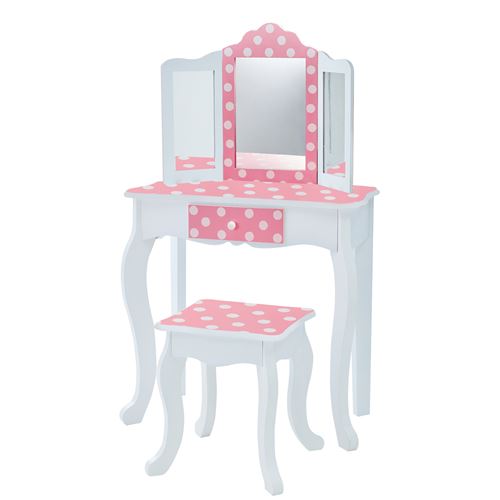 Teamson meuble coiffeuse table de maquillage enfant miroir tabouret rose blanc