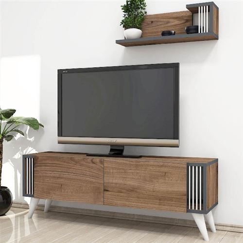 HOMEMANIA Meuble TV Nicol Moderne - avec Portes, Étagères - Noyer en Bois, 120 x 31 x 42 cm