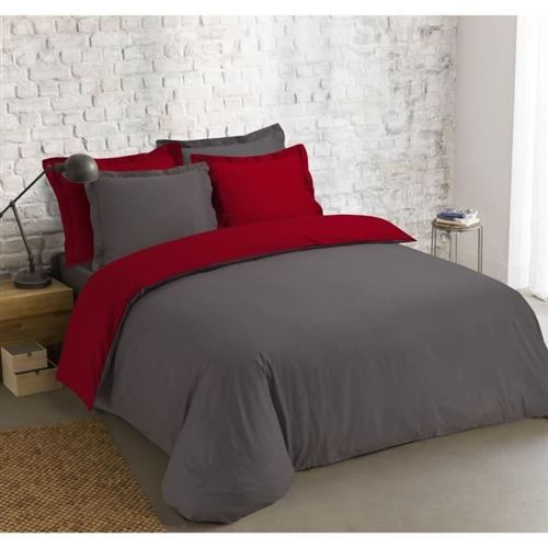 VISION Parure de couette 100% coton - 1 housse de couette 200 x 200 cm + 2 taies doreiller 65 x 65 cm - Gris anthracite et rouge
