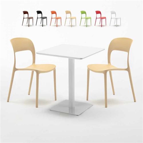 Table carrée 60x60 blanche avec 2 chaises colorées Restaurant Lemon, Couleur: Beige