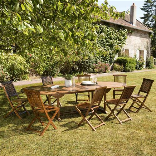 HANNA - Salon de jardin en bois teck huilé 10/12 personnes - 1 table ovale extensible 200/300*120 cm et 8 chaises
