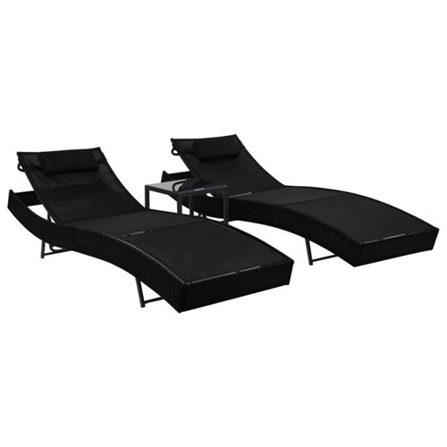 Chaises longues 2 pcs et table R&eacute;sine tress&eacute;e et textil&egrave;ne Noir