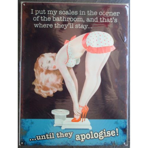 plaque pin up sur sa balance style affiche retro 50's usa