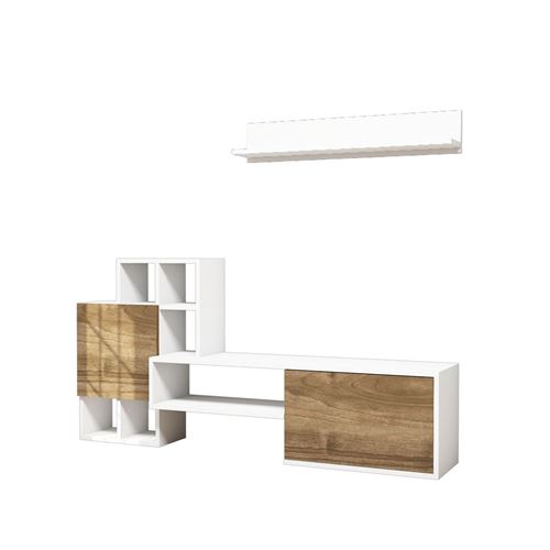 Meuble TV avec étagère Rinaldo - 160 x 78 cm - Blanc et beige