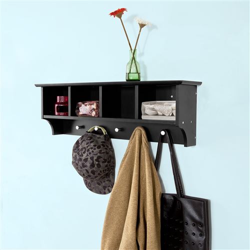 SoBuy® FRG48-L-Sch Portemanteau Étagère murale Porte-manteau salle de bain Meuble dentrée avec 4 compartiments de rangement et 5 crochets - Noir
