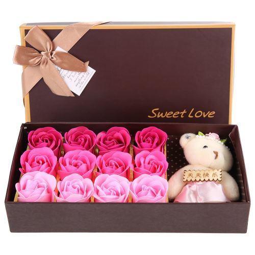 12Pcs Savon Rose fleur + en peluche ourson, cadeau romantique de noël (rose)