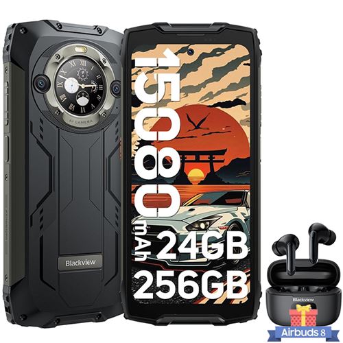 Blackview BV9300 Pro Téléphone Portable Incassable 6.7 24Go+256Go 15080mAh Noir avec Écouteurs Bluetooth Blackview Airbuds 8(Noir)