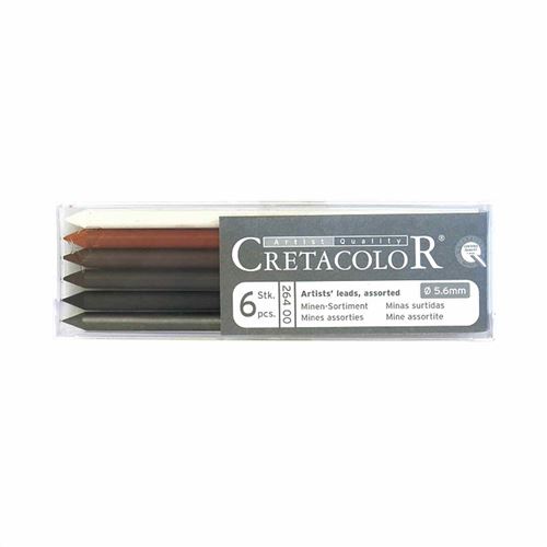 Set de 6 mines de 56 mm - craie blanche sanguine grasse sépia clair sépia foncé graphite 4B fusain - Brevillier's Cretacolor
