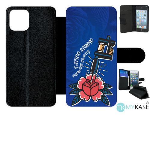 Etui My-Kase pour iPhone 11 Pro - tattoo studio fond bleu electrique - Simili-cuir Noir