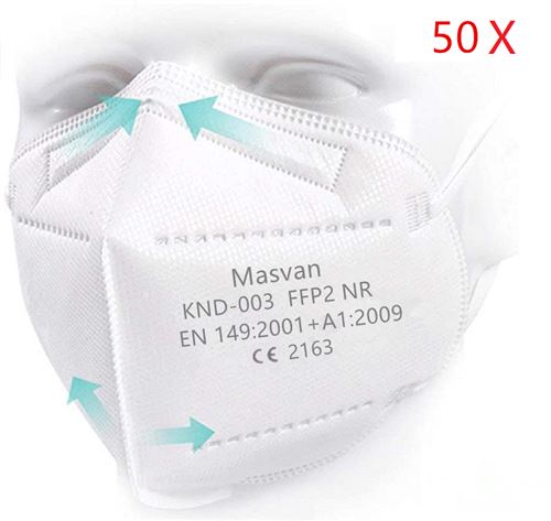 Masques FFP2,Masvan Certifiés CE Filtration Haute 5 Epaisseurs Blanc(50 Pièces)