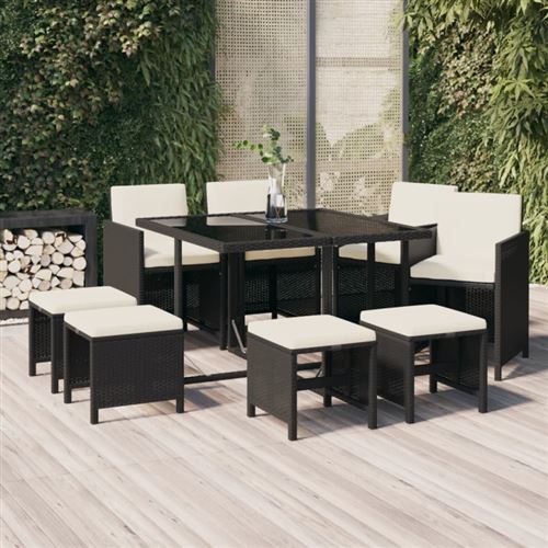 Non Communiqué Noir Ensemble À Manger De Jardin Coussins 9Pcs Résine Tressée