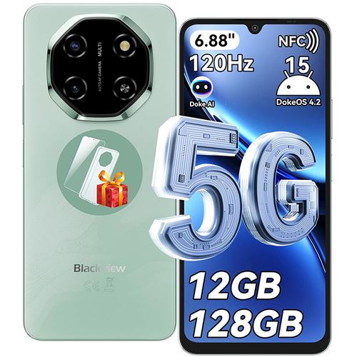 5G Téléphone Portable Débloqué Blackview SHARK 6 12Go+128Go/2To 6.67 50MP+13MP 5000mAh Android 15 Smartphone,Dual SIM,GPS - Vert