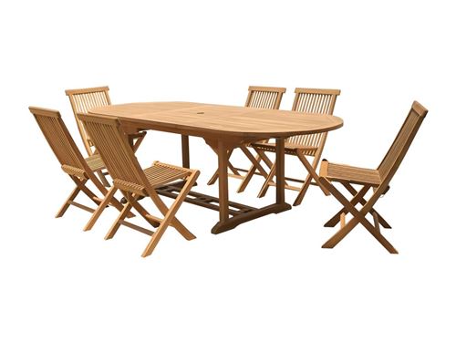 Salle à manger de jardin en teck : une table extensible L.180 / 240 cm et 6 chaises pliantes - Naturel clair - BYBLOS II de MYLIA