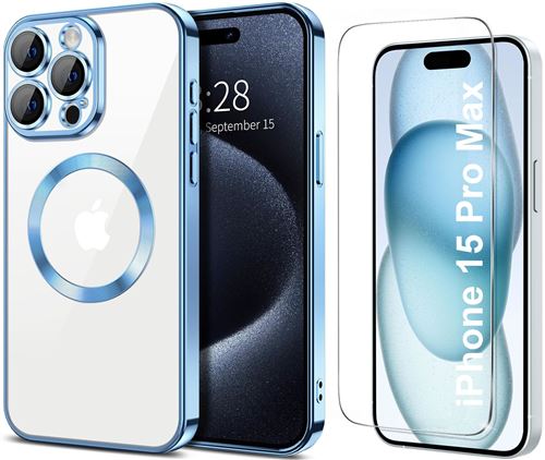 Coque Silicone Pour iPhone 15 Pro Max Couleur Bleu Compatible Magsafe + Verre Trempe Protection Ecran Little Boutik®