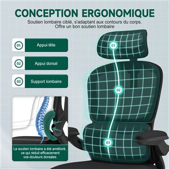 Fauteuil De Bureau Ergonomique En Maille - Accoudoirs 3D Réglables - Appui-Tête Ajustable - Noir - 130kg Max