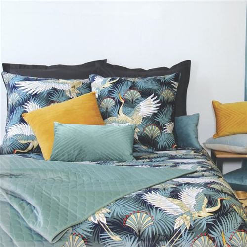 Housse de couette Folyes, Thème Fleuri, Vert/Bleu, 220x240cm, 2 personnes, Réversible, 100% Coton