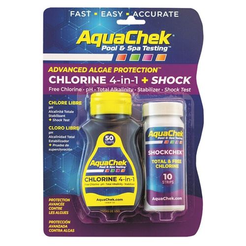Bandelettes d'analyse piscine Aquachek Chlorine 4 en 1 + Shock AquaChek - 50 chlore et 10 shock