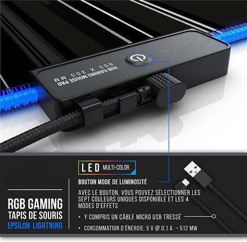 Tapis de Souris Gaming RGB XXL 800 x 300 mm, 14 Effets LED, Anti-Dérapant