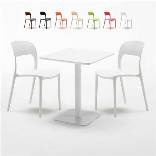 Table carrée 60x60 blanche avec 2 chaises colorées Restaurant Lemon, Couleur: Blanc