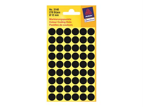 Avery 3140 - Noir - diamètre 12 mm 270 étiquette(s) (5 feuille(s) x 54) étiquettes rondes