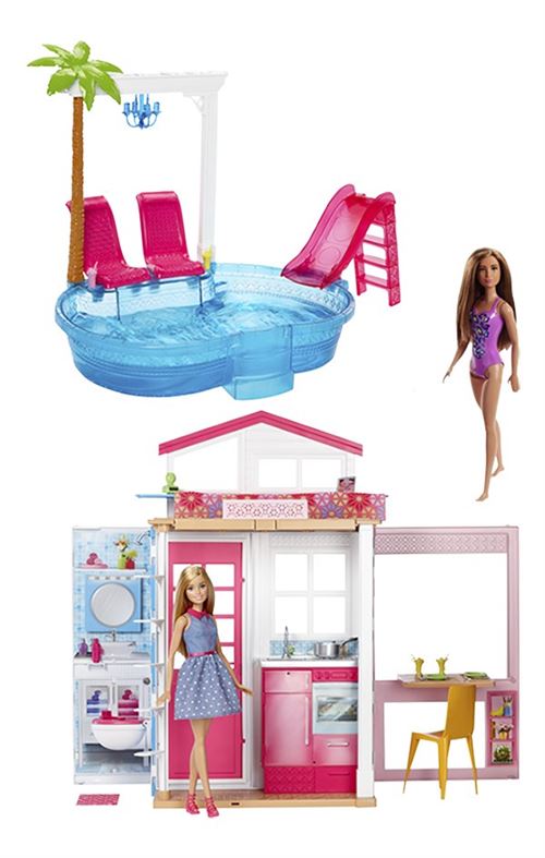 Barbie maison avec piscine et 3 poupées