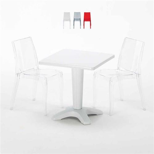 Table Carrée Blanche 70x70cm Avec 2 Chaises Colorées Grand Soleil Set Bar Café Cristal Light Terrace, Couleur: Transparent