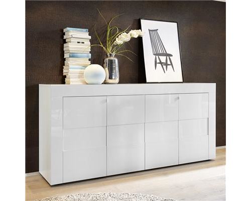 bahut blanc laqué brillant design OKLAND - Blanc - L 181 x P 42 x H 84 cm