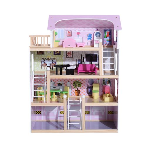 Maison de poupée en bois jeu d'imitation grand réalisme multi-équipement 60L x 30l x 80H cm blanc et rose