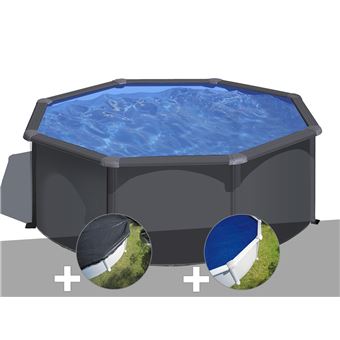 Kit piscine acier gris anthracite Gré Louko ronde 3,20 x 1,22 m + Bâche d'hivernage + Bâche à bulles - 1