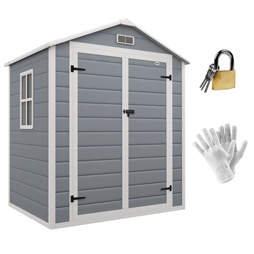 Abri de jardin cabanon 2,12 m&sup2; - 2 portes, fen&ecirc;tre, a&eacute;ration, toit double pente - r&eacute;sine pp gris 