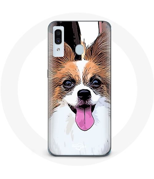Coque pour Samsung Galaxy A30 Épagneul nain continental papillon Chiot Blanc et marron Maniacase
