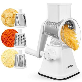 NutriChef Râpe à Fromage 5 en 1 - 5 Lames Différentes - Inclus nclus Manivelle, Base à Ventouse Forte & Contenant de Rangement - Blanc - 1
