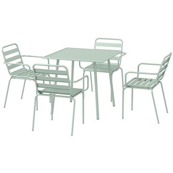 Salon de jardin 4 places 5 pièces - table à manger 4 chaises empilables - acier thermolaqué vert de gris - 1