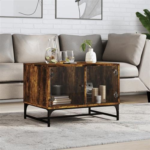 vidaXL Table basse avec portes en verre chêne fumé 68,5x50x50 cm
