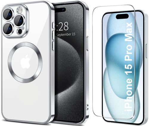 Coque Silicone Pour iPhone 15 Pro Max Couleur Argent Compatible Magsafe + Verre Trempe Protection Ecran Little Boutik®