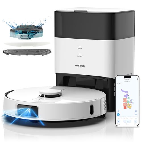  AIRROBO L60+ Aspirateur Robot Laveur 3 en 1, Aspiration Puissante de 12000Pa, Autovidange, Capacit&eacute; de 60 Jours, Autonomie de 240 Min, Auto-Boost Intelligente, Cartographie