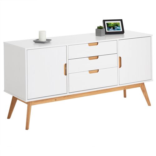 Buffet TIVOLI design vintage scandinave nordique commode bahut vaisselier avec 3 tiroirs 2 portes, en pin massif lasuré blanc