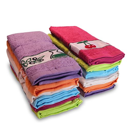 Lot de 12 torchons de cuisine en éponge 100 % coton 50 x 45 cm, Briebe, PC12B, , Multicolore