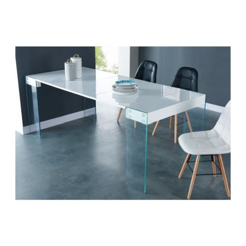 CREA Console extensible de 6 a 8 personnes style contemporain laqué blanc brillant et verre trempé transparent -
