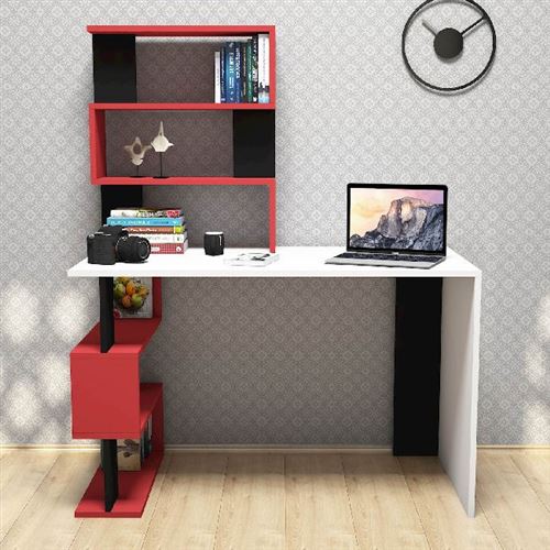 HOMEMANIA Bureau Snap avec Bibliothèque Intégrée, Étagères - pour Bureau, Chambre - Blanc, Rouge, Noir en Bois, 120 x 60 x 148,2 cm