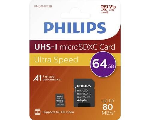 Carte microSDXC Philips 64 Go Class 10 avec adaptateur SD Noir