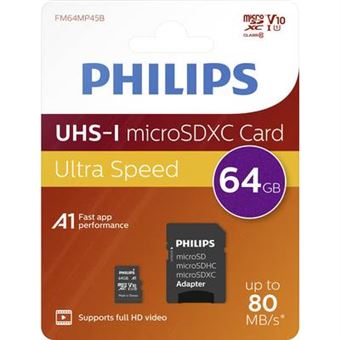Carte microSDXC Philips 64 Go Class 10 avec adaptateur SD Noir - 1