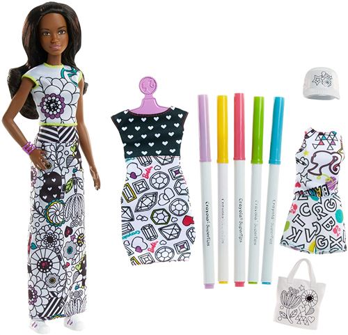 Barbie Fashionistas poupée Crayola Style Coloriage brune avec cinq feutres de couleurs et trois tenues à colorier, jouet pour enfant, FPH91